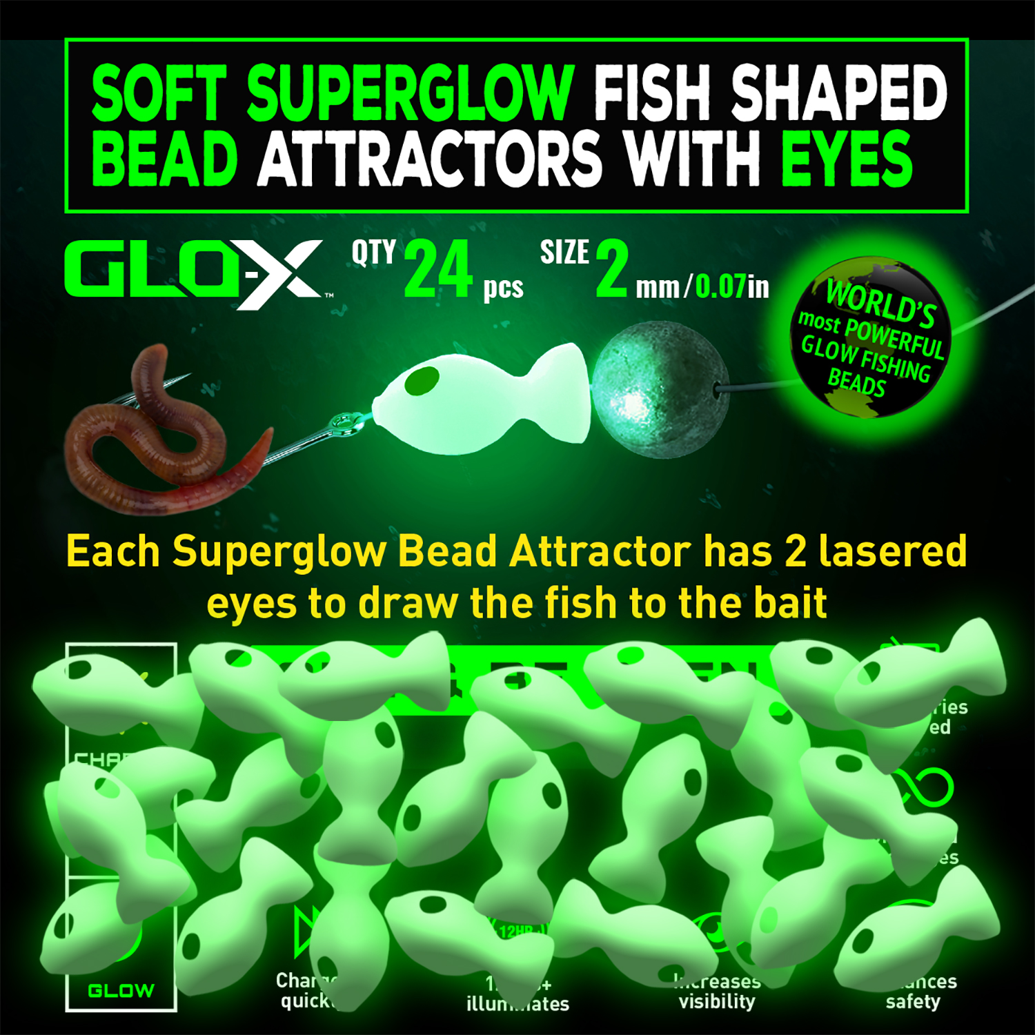 GLO-X Superglow 24 Pcs Soft Fish Bead Attractors With Eyes | GLO-X  Australia - See and Be Seen